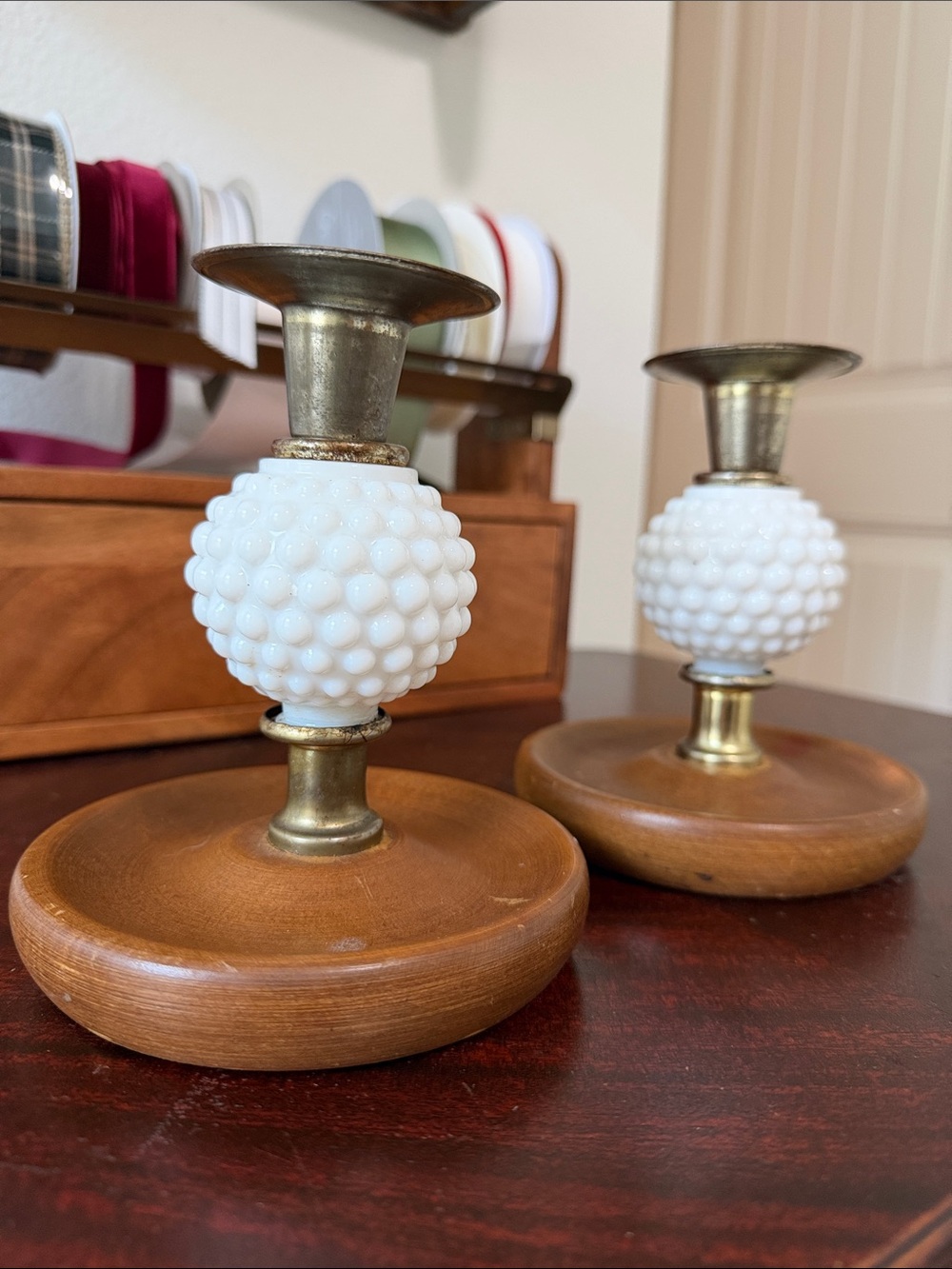 Vintage White Hobnail Glass & Wood Candle Holders with Brass Accents